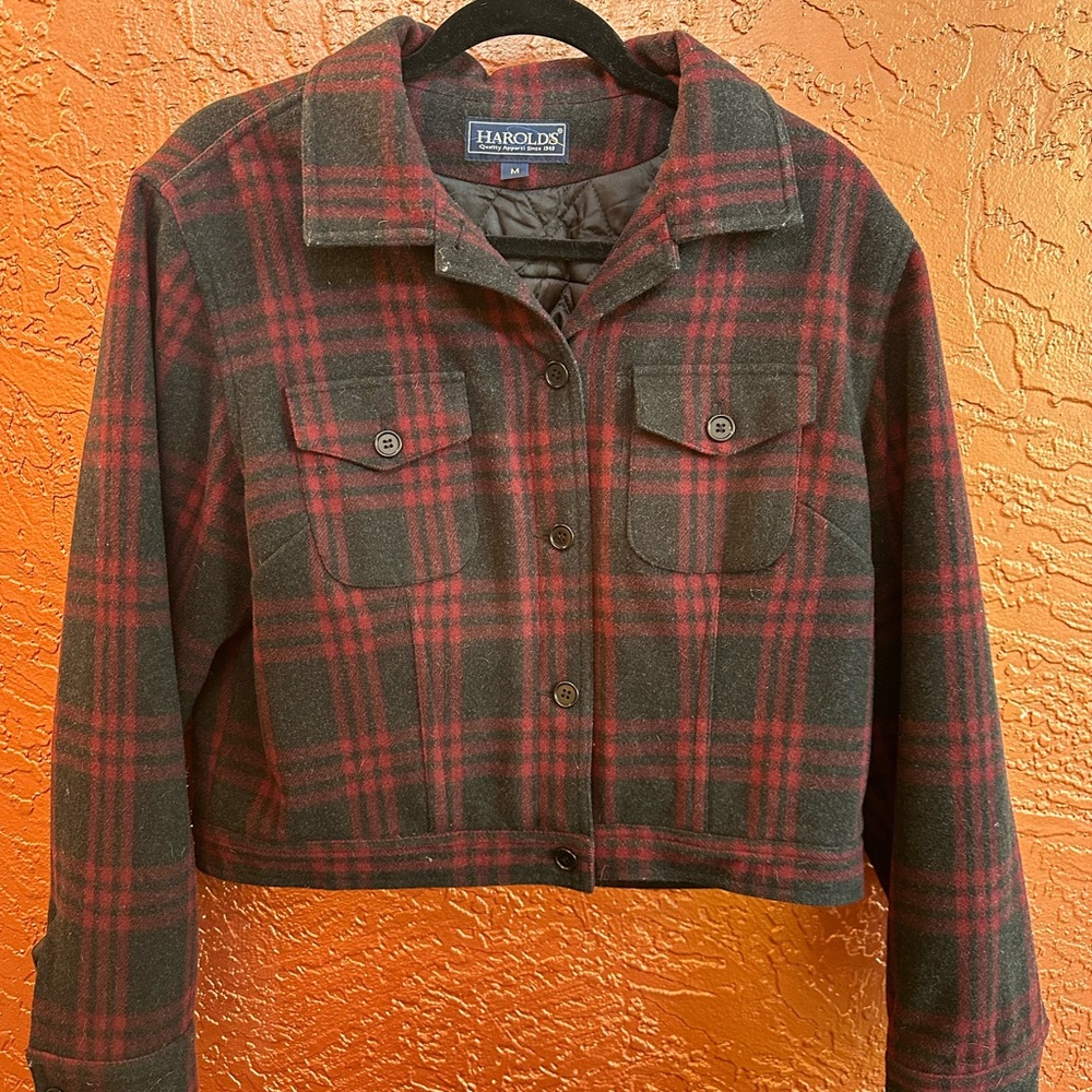Harold's Women's Red and Black Plaid Cropped Utility Jacket